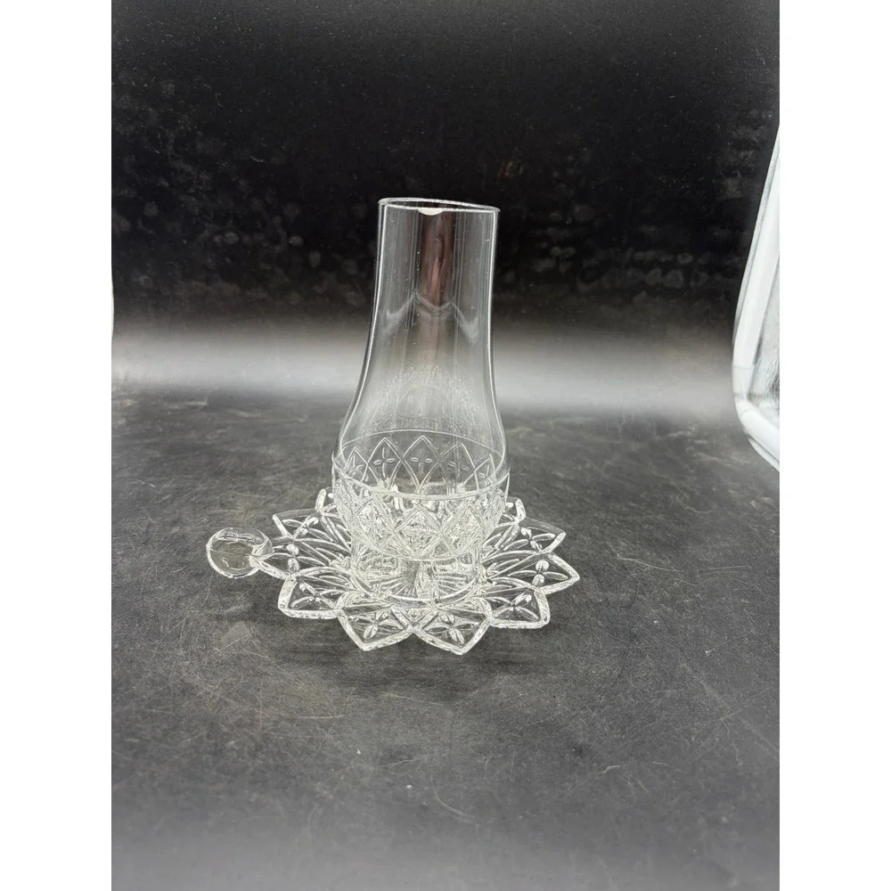 Vintage Clear Pressed Glass Fairy Lamp Starburst Base Diamond Cut Chimney